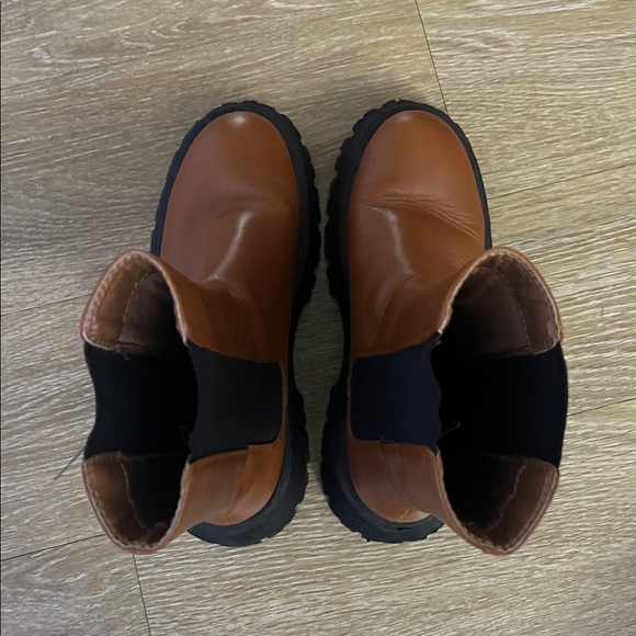 Zara Leather Lug Sole Chunky Ankle Chelsea Combat Boots Cognac Brown Black 37 - Picture 10 of 13